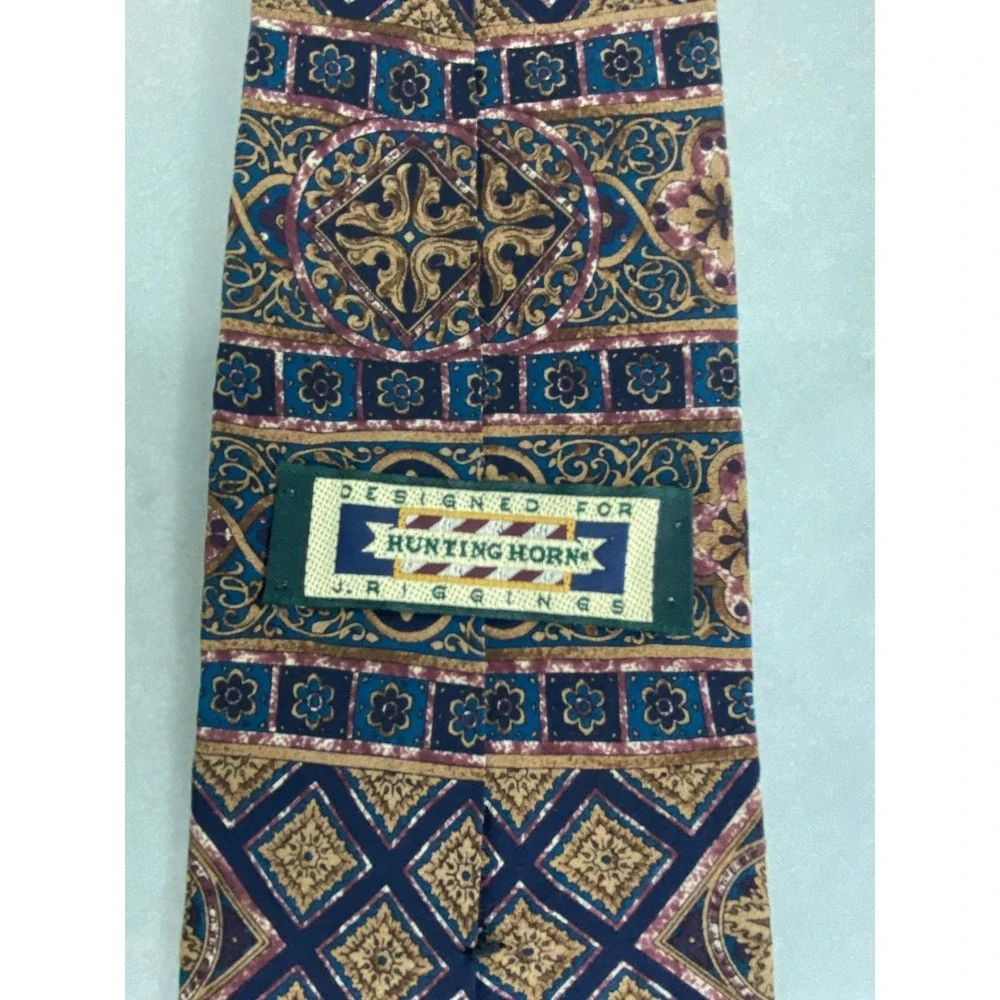 Hunting Horn Mens Tie Silk Medallion Floral‎ Geometric Blue Gold Canada 57x4